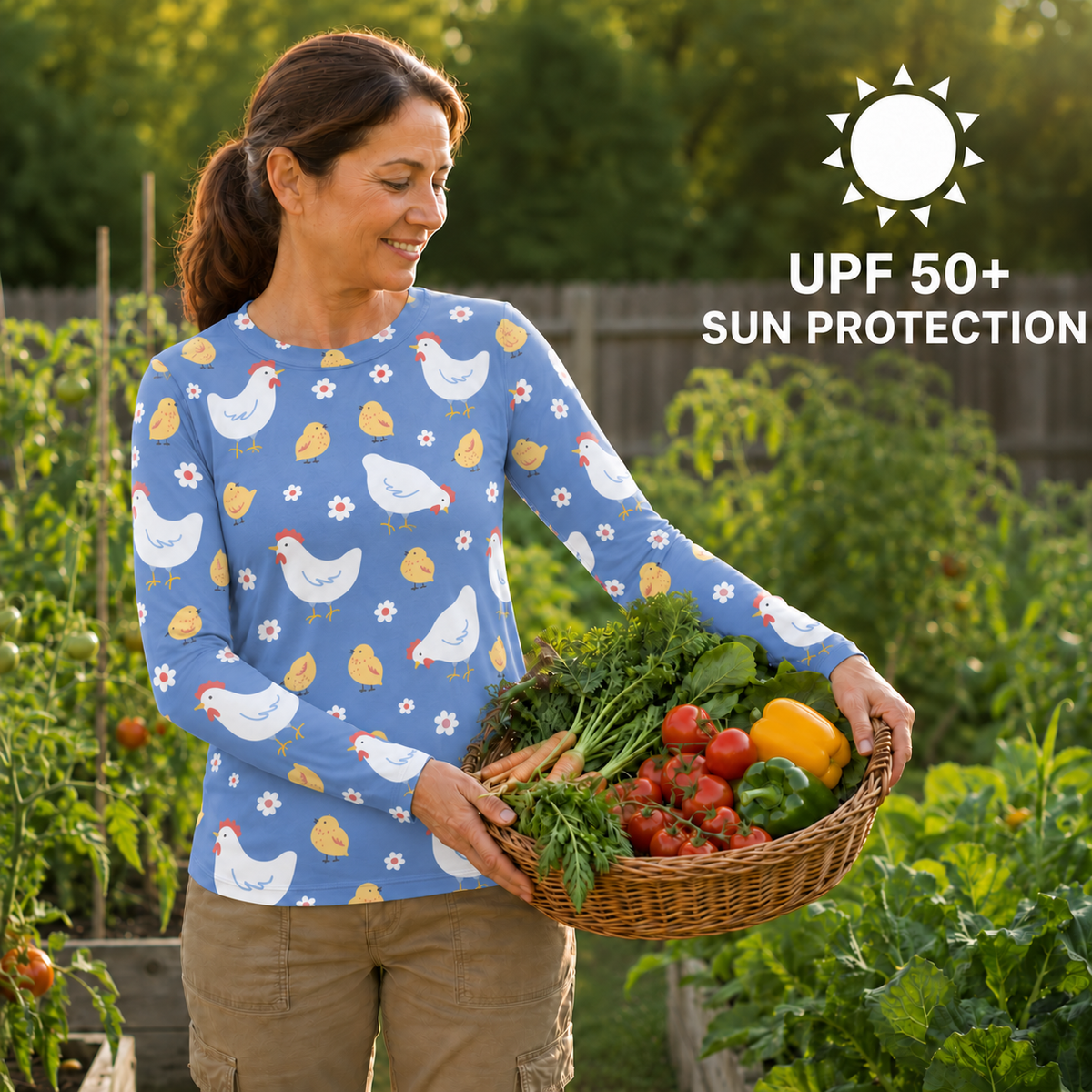 Chickens In Garden Women's Long-Sleeve Sun Shirt With Thumbholes