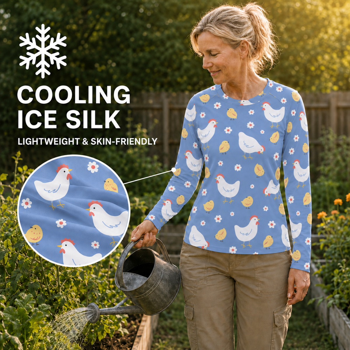 Chickens In Garden Women's Long-Sleeve Sun Shirt With Thumbholes