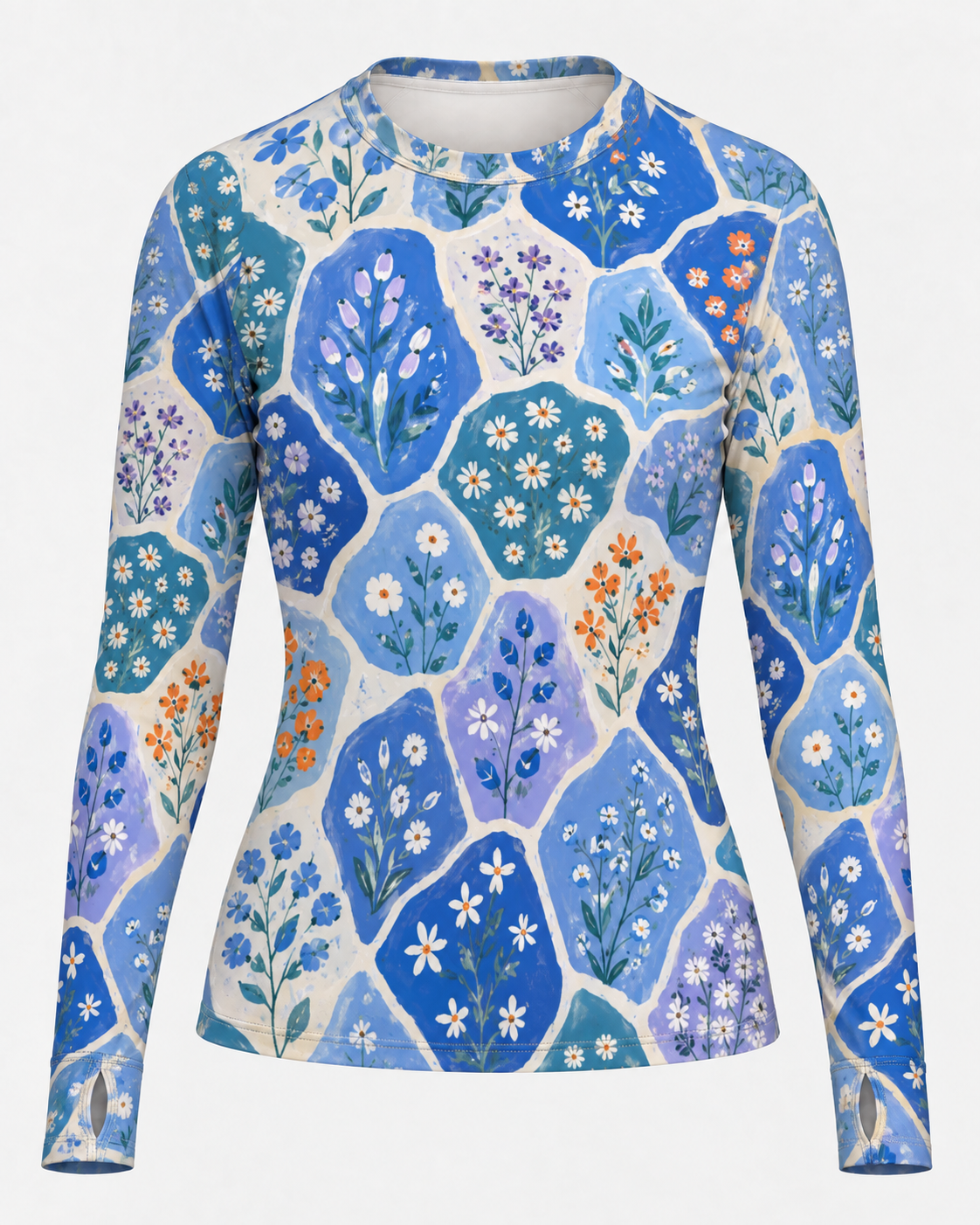 Blue Floral Women's Long-Sleeve Sun Shirt With Thumbholes