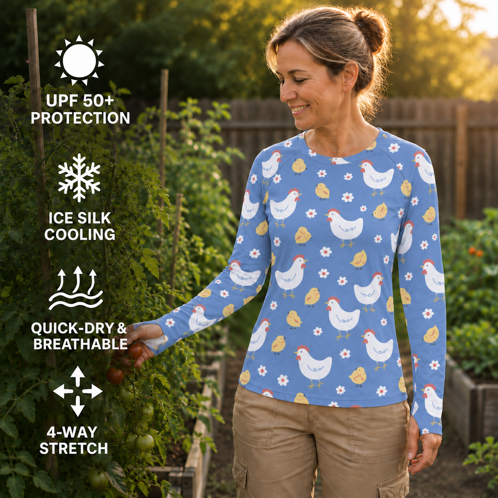 Chickens In Garden Women's Long-Sleeve Sun Shirt With Thumbholes